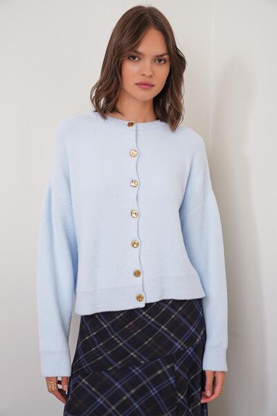 Mixray 6956 Women's Stone Button Detailed Knitwear Cardigan Baby Blue