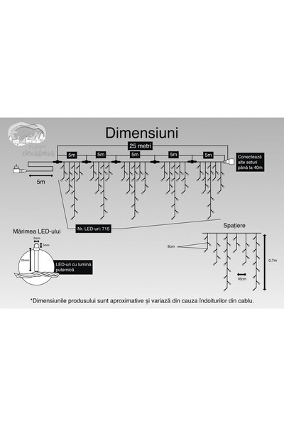 Flippy Instalație de Crăciun, 25 m, 715 LED-uri, Alb Rece, 8 efecte, Transformator 31 V, Putere 9 W,