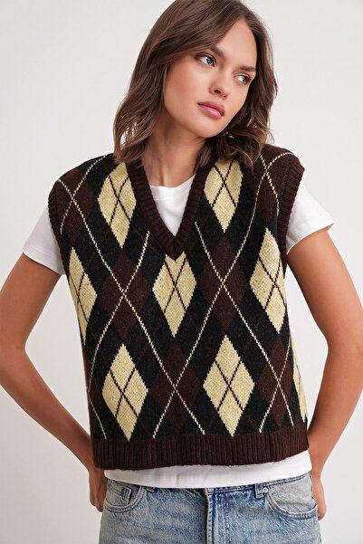 Mixray 6930 Women's Diamond Patterned Knitwear Sweater Brown