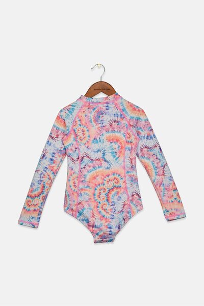 Piping Hot Kids Girl Floral Long Sleeves Full Zip One Piece Swimsuit, Pink Combo