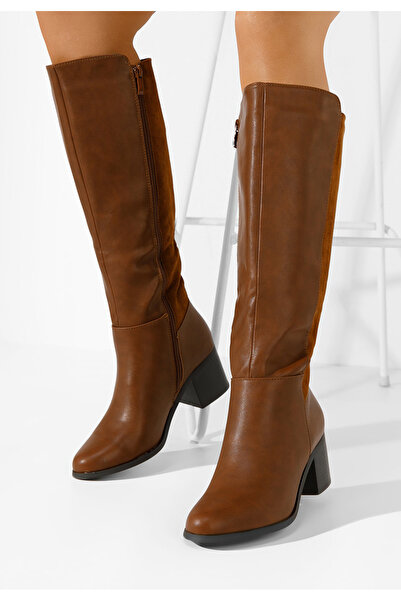 B T Shoes Camelové kozačky na podpatku Vestia