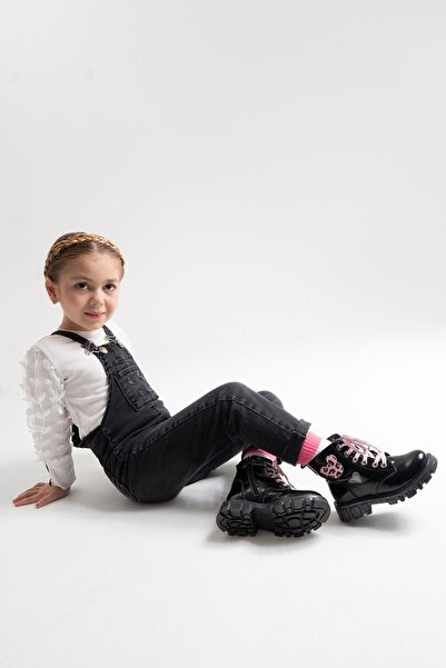 mnpc Kız Çocuk Siyah Rugan Rugan Deri Suya Dayanıklı Günlük Bot