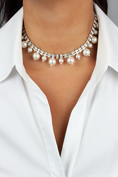 Pridza İnci Detaylı Taşlı Choker Kolye