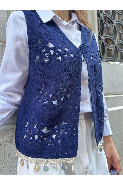 Hatun Atila Seashell and Sequin Stripe Detailed Sweater Vest 5242 - Navy Blue