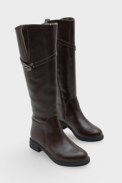 LOJO Women's Buckle Heeled Casual Boots Fecroya Brown