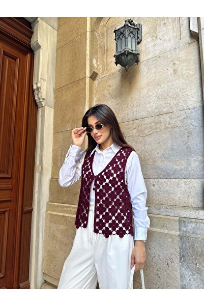 Hatun Atila Hatunatila Floral Patterned Acrylic Sweater Vest 5196 - Burgundy