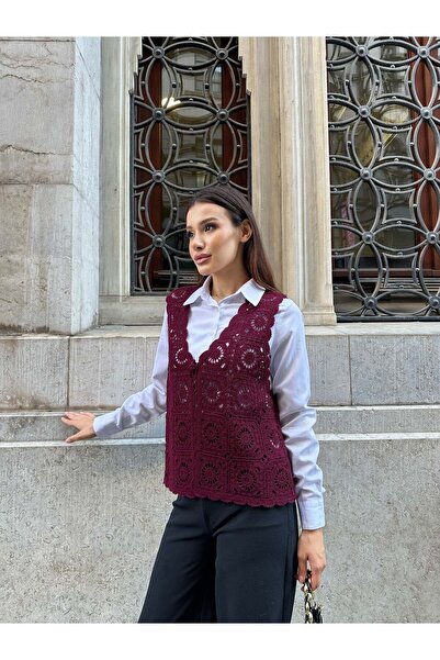Hatun Atila Hatunatila Floral Patterned Acrylic Sweater Vest 5198 - Burgundy