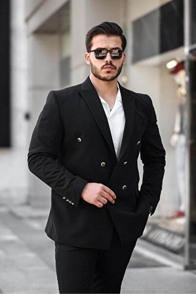 SABRİ ZENGİN Erkek Siyah Slim Fit Penye Kumaş Kruvaze Ceket
