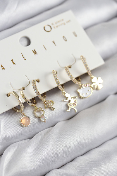 callerrons accessories Brass Zircon Stone Hello Kity and Clover Model Gold Color 6-Piece Earring Set - Ebj250902W37573