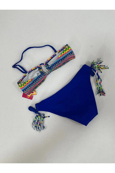 hazelin Costum de bikini triunghi pentru fete, albastru, multicolor, cu detaliu de frânghie, căptușit, pentru vârstele 4-12 ani HZL24S-LC1904