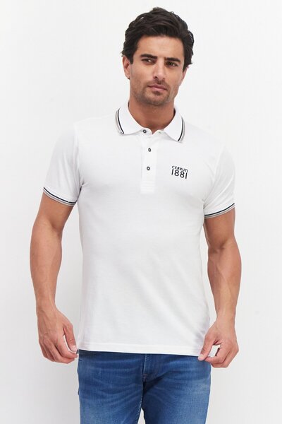 Cerruti 1881 Men Mid Collar Embroidered Logo Polo Shirt, White
