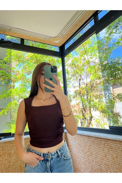 FOORS Bluză maro tricotaj cu striații pentru femei decolteu pătrat cu talie a...