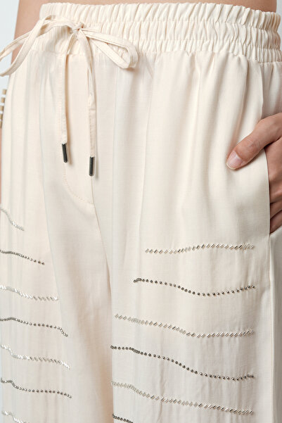 Orfeo Negro Women's Horizontal Stripe Stone Embroidered Solid Color Elastic Waist Wide Leg Pants