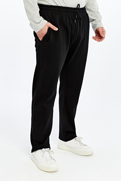 defys Men's Elastic Waist Straight Leg Regular Fit Trousers with Pockets Black
