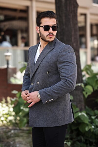 SABRİ ZENGİN Erkek Siyah Slim Fit Penye Kumaş Kruvaze Ceket