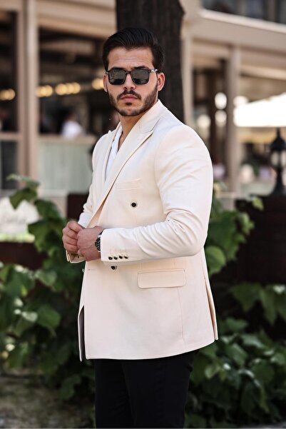 SABRİ ZENGİN Erkek Bej Slim Fit Penye Kumaş Kruvaze Ceket