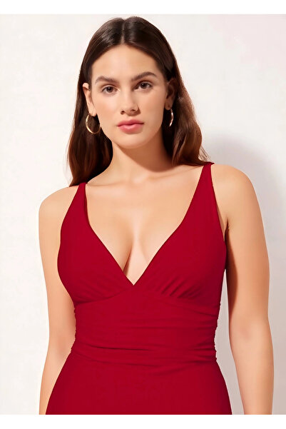 hazelin Women's Red Fixed Strap Detachable Cap Gathered Skirted Dress with Shorts Swimsuit HZL24S-AR1906