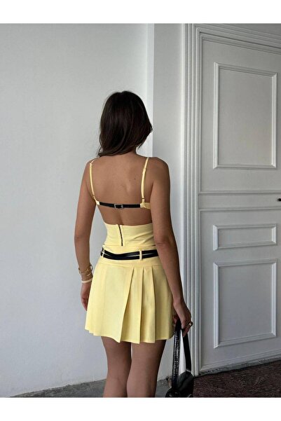 popibutik Sırt Dekolteli Kemerli Pileli Etek Likralı Mini Elbise