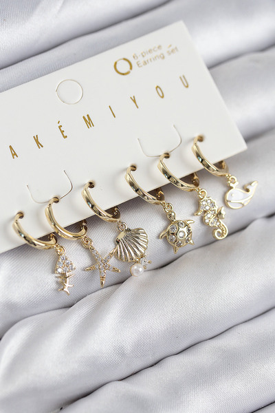 callerrons accessories Brass Zircon Stone Oyster Whale and Star Gold Color 6-Piece Earring Set - Ebj250902W37570