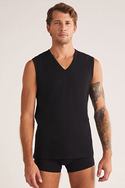 Kom Barny Men's V-Neck Zero Sleeve Cotton 2-Piece Undershirt Set