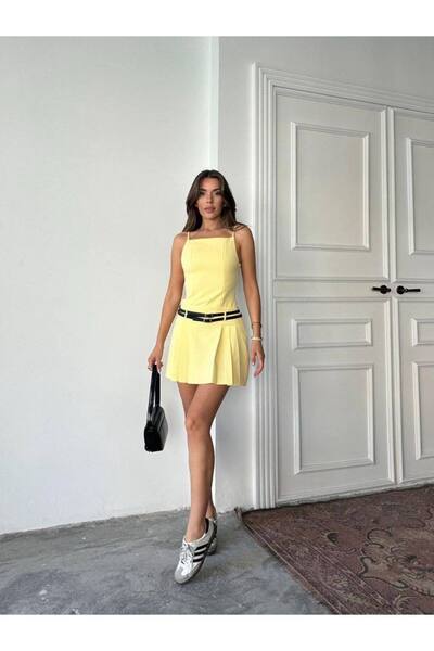 popibutik Sırt Dekolteli Kemerli Pileli Etek Likralı Mini Elbise