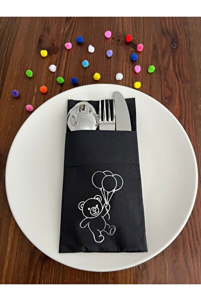 kidspartim Black Napkin with Silver Gilded Cute Bear Print and Kangaroo Pocke...