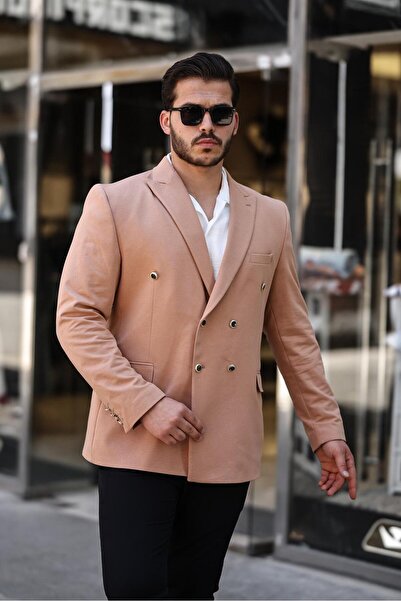 SABRİ ZENGİN Erkek Siyah Slim Fit Penye Kumaş Kruvaze Ceket