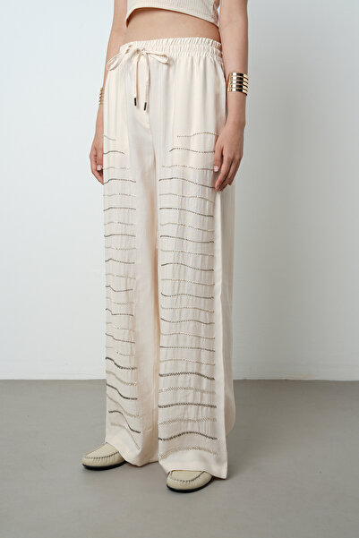 Orfeo Negro Women's Horizontal Stripe Stone Embroidered Solid Color Elastic Waist Wide Leg Pants