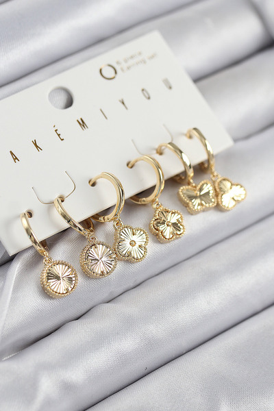 callerrons accessories Brass Zircon Stone Clover Model Gold Color 6-Piece Earring Set - Ebj250902W37574