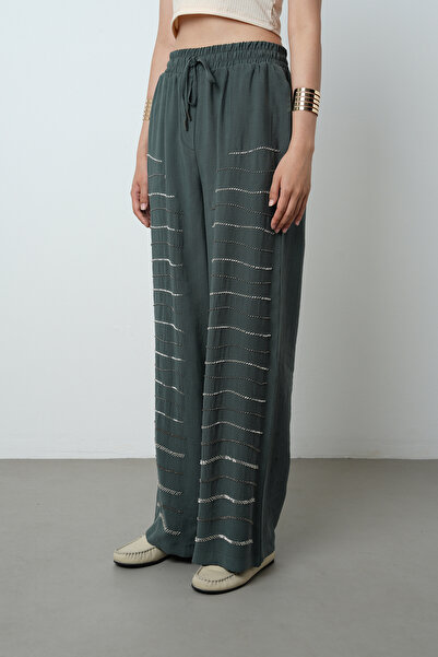 Orfeo Negro Women's Horizontal Stripe Stone Embroidered Solid Color Elastic Waist Wide Leg Pants