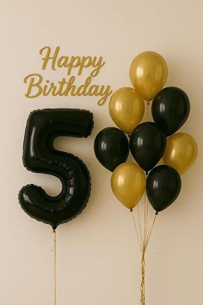 TATLI GÜNLER 5 Yaş Doğum Günü Siyah Gold Balon Konsepti - Happy Birthday Süsleme Seti
