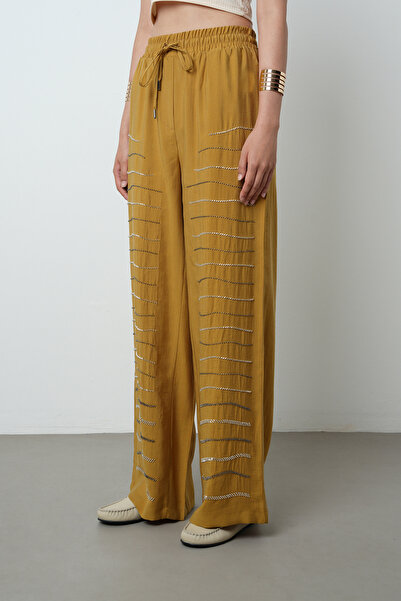 Orfeo Negro Women's Horizontal Stripe Stone Embroidered Solid Color Elastic Waist Wide Leg Pants