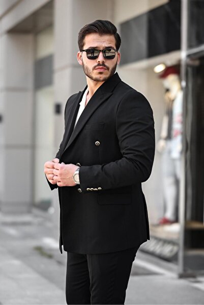 SABRİ ZENGİN Erkek Siyah Slim Fit Penye Kumaş Kruvaze Ceket