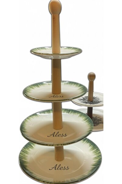 Aless 4-Layer Green Detailled Round Wooden Handle Porcelain Ceramic Presentation Plate, Cookie Plate, Fruit Bowl