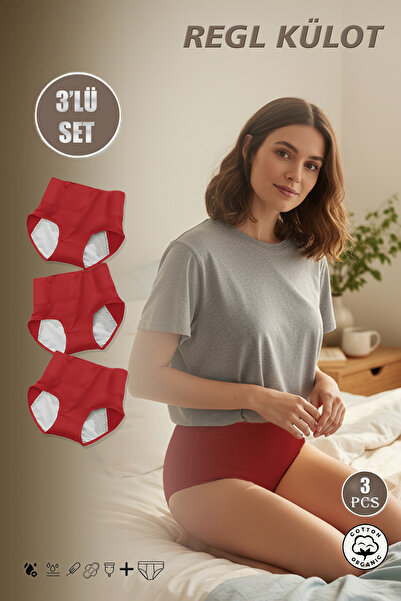 REYNEV 3-Pack Red Super Absorbent Ultra Hygienic Menstrual Panties, Effectively Leak-Proof Menstrual Panties for All-Day Use