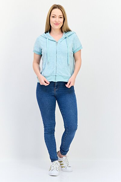 Juicy Couture Women Short Sleeve Embroidered Terry Full Zip Hoodie, Turquoise