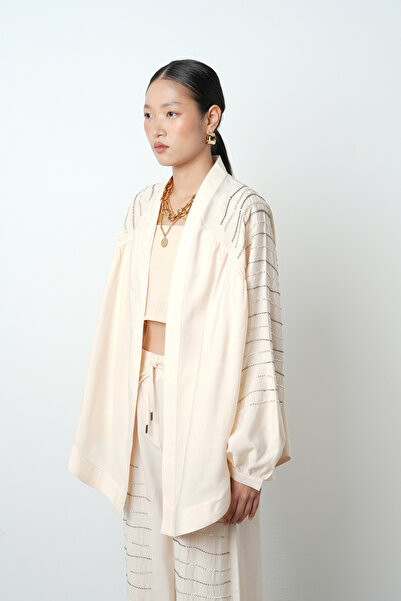 Orfeo Negro Women's Oversize Cut Kimono with Horizontal Stone Embroidery on the Back and Sleeves