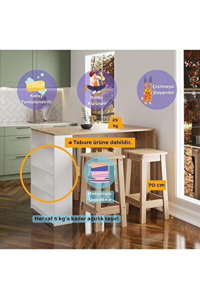 Bimossa Pablo G4912 4 Adet Sepet Tabureli Bar Masası Sepet Beyaz 4 Raflı Açık Depolamalı Çok Amaçlı Masa