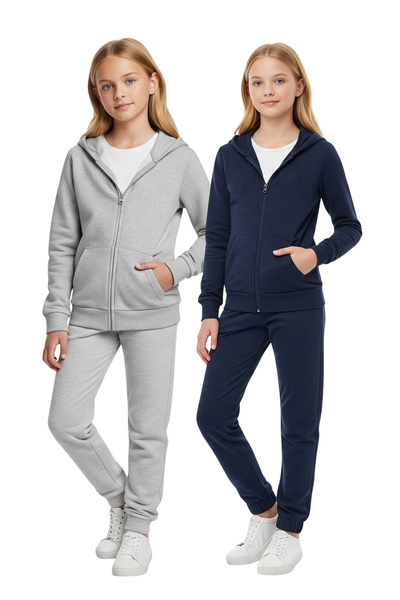 YA KO KİDS 2-Piece Solid Printless Zippered Hoodie Tracksuit Set with Kangaroo Pockets for Girls