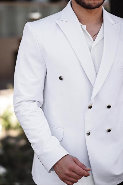 SABRİ ZENGİN Erkek Beyaz Slim Fit Penye Kumaş Kruvaze Ceket