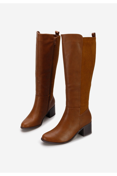 B T Shoes Camelové kozačky na podpatku Vestia