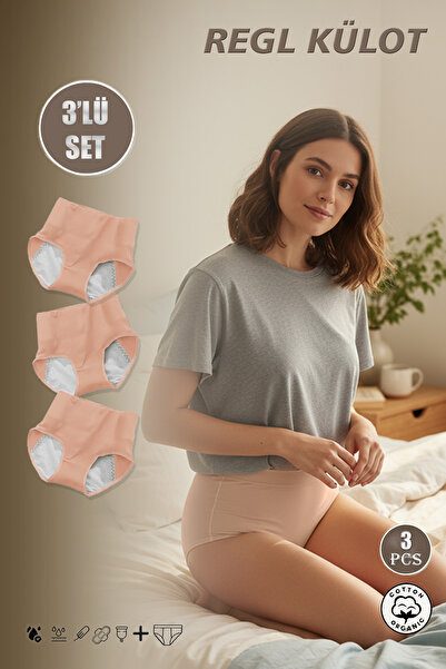 REYNEV 3-Piece Salmon Super Absorbent Ultra Hygienic Menstrual Panties, Effective All-Day and All-Night Leak-Proof Menstrual Panties