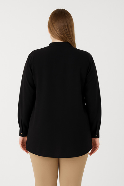 ribana Women's Plus Size Button Detailed Jesica Fabric Fold Sleeve Tunic with Dominant Collar