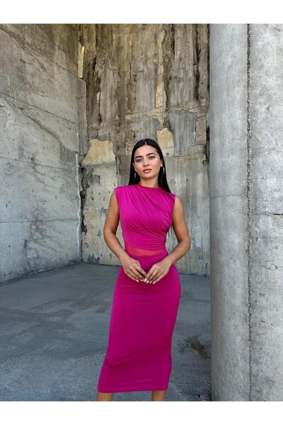 Modafeminen Zero Neck Midi Pencil Dress Fuchsia 583256