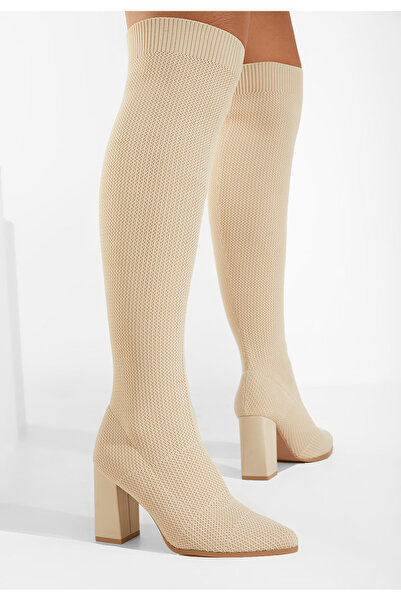 B T Shoes Bílé vysoké kozačky Bej rtina