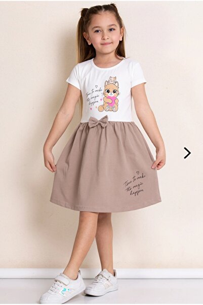 pop fashion girls POPFASHION KIZ ÇOCUK 2 RENKLİ KEDİLİ PAMUKLU PENYE ELBİSE