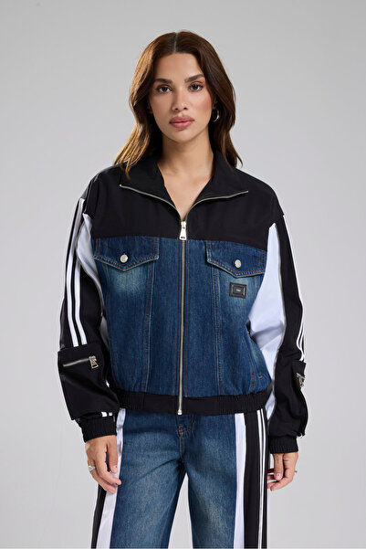 tw3 Γυναικείο τζιν μπουφάν με λεπτομέρεια σχεδίασης με ρίγες