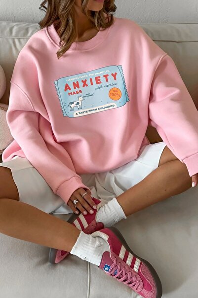 The Champ Clothing Dámské oversize mikinové šaty Anxiety Bar s potiskem růžové barvy – Crew Neck, 3-vláknový fleece