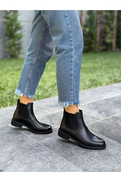 DİVA Μαύρα Δερμάτινο ελαστικά γυναικεία καθημερινά μποτάκια