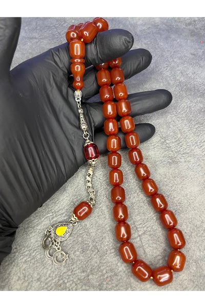 Mos Tespih سبحة كهرمانية كبيرة الحجم مصنوعة يدويًا بتصميم فاخر مع خيوط مطرزة